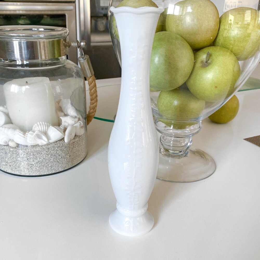 Vintage White Milk Glass - Footed Bud Vase - Raised Vine Pattern